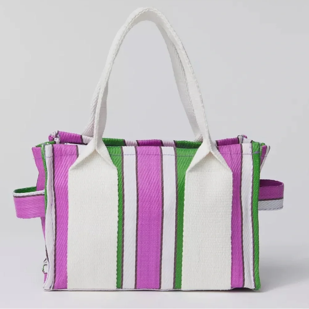 Striped Canvas Tote Bag in White, Pink & Green